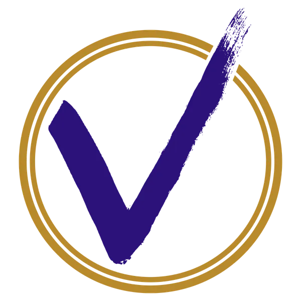 Nayanna Vohrra seal: a violet brushstroke V within a gold double ring